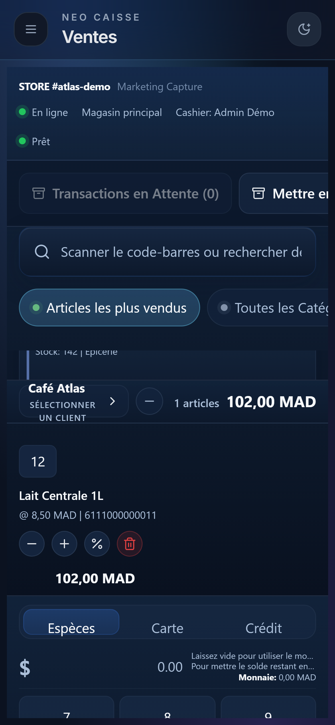 Vue mobile de l'application NeoCaisse montrant les ventes en temps réel sur un téléphone.